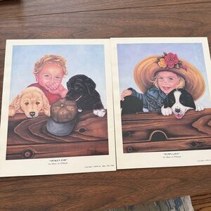 Vtg Pair Of Children Prints Boy Girl Puppies Pittman Approx 8 X 10 Childs Room
